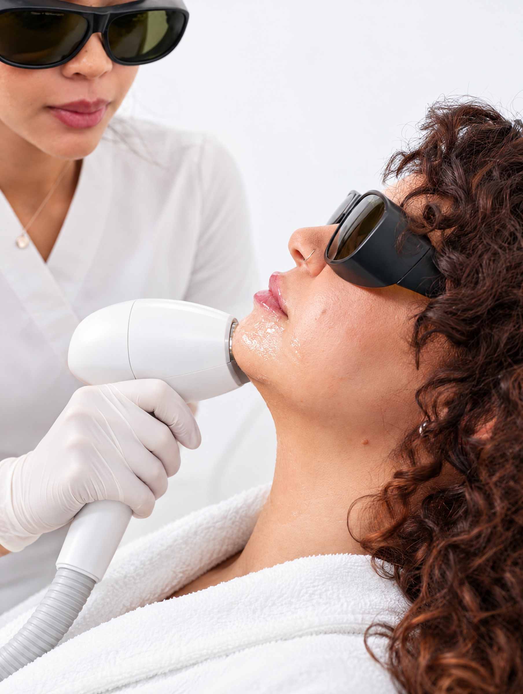 Laser hair reduction handpiece in use