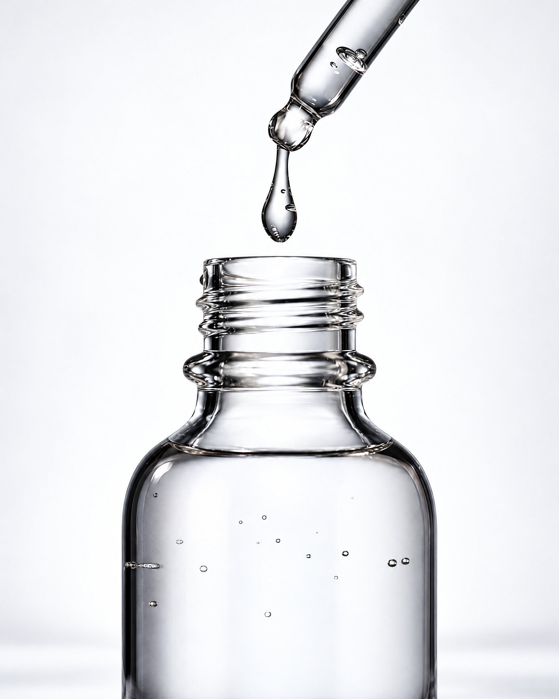 A dropper releasing serum into a glass bottle