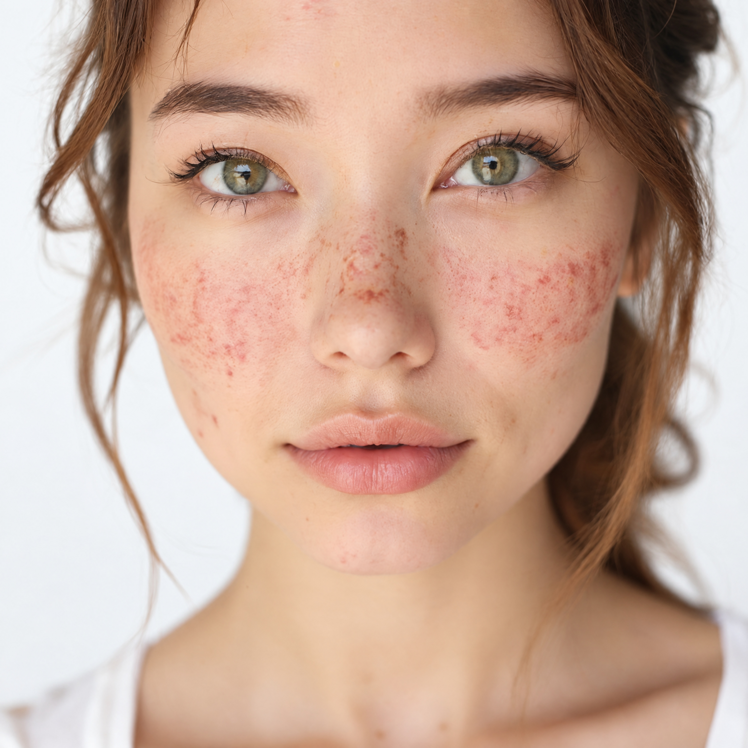Close portrait of skin with freckles and uneven tone
